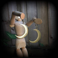 Load image into Gallery viewer, Bronze moon earrings Crescent Moon earrings Goddess earrings Pagan earrings Esoteric earrings Moon jewelry Pierced ears 3mm Tunnel earrings