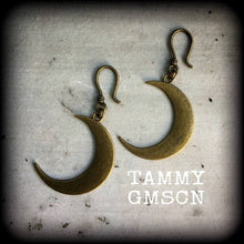 Load image into Gallery viewer, Bronze moon earrings Crescent Moon earrings Goddess earrings Pagan earrings Esoteric earrings Moon jewelry Pierced ears 3mm Tunnel earrings