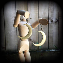 Load image into Gallery viewer, Bronze moon earrings Crescent Moon earrings Goddess earrings Pagan earrings Esoteric earrings Moon jewelry Pierced ears 3mm Tunnel earrings