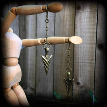 Load image into Gallery viewer, Bronze ear weights, 3mm ear hangers, 8 gauge arrow earrings, Goddess Artemis, Gauged earrings Plug dangles, Hanging gauges, Tunnel dangles