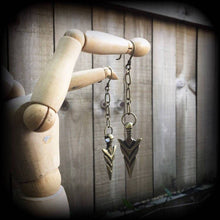 Load image into Gallery viewer, Bronze ear weights, 3mm ear hangers, 8 gauge arrow earrings, Goddess Artemis, Gauged earrings Plug dangles, Hanging gauges, Tunnel dangles