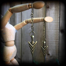 Load image into Gallery viewer, Bronze ear weights, 3mm ear hangers, 8 gauge arrow earrings, Goddess Artemis, Gauged earrings Plug dangles, Hanging gauges, Tunnel dangles