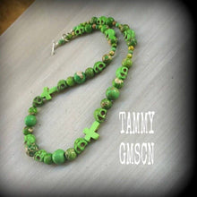Load image into Gallery viewer, Skull necklace Zombie necklace Halloween necklace Inverted Cross necklace Jasper necklace Los Muertos jewelry Rigor Mortis Green jewelry