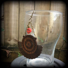 Load image into Gallery viewer, Goddess of Death earrings Kali Maa earrings Wood earrings Mandala earrings Skull earring Kali earrings Hindu earrings Tunnel dangles Gauges
