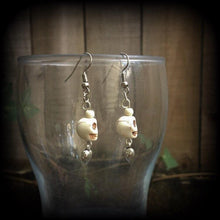Load image into Gallery viewer, Skull earrings Voodoo earrings Loa jewelry Erzulie earrings Skull jewelry Los Muertos jewelry Heart earrings Tunnel earrings Plug dangles