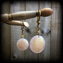 Load image into Gallery viewer, Rose Quartz ear weights Flower of Life Ear hangers Tunnel dangles Sacred Geometry Geometric Plug dangles Gauges Gauged earrings 00g 0g 2g