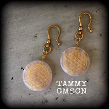 Load image into Gallery viewer, Rose Quartz ear weights Flower of Life Ear hangers Tunnel dangles Sacred Geometry Geometric Plug dangles Gauges Gauged earrings 00g 0g 2g