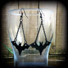 Load image into Gallery viewer, Bat earrings Dangle earrings Halloween earrings Gothic earrings Animal earrings Pierced ears Stretched lobes 8g tunnel dangles Plug earring