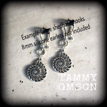 Load image into Gallery viewer, 3mm ammonite tunnel earrings 4mm 6mm plug dangles Fibonacci ear hangers Tunnel dangles Plug earrings 8 gauge Gauged earrings Hanging gauges