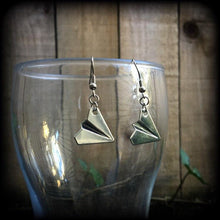 Load image into Gallery viewer, Plane earrings, Cute earrings, Retro earrings, Origami earrings, Origami jewelry, Wanderlust jewelry, Tunnel dangles, Travel jewelry, Gauges