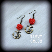 Load image into Gallery viewer, Anchor earrings Rose Tunnel earrings Nautical Plug earrings Tunnel dangles Bronze Plug dangles Rockabilly Jules Verne Pierced ears 00g 14g