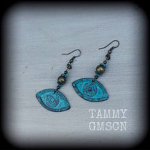 Load image into Gallery viewer, Evil Eye earrings Hamsa earrings Lovecraft Nautical Esoteric earrings Verdigris Patina earrings Tunnel dangles Plug earrings Gauged earrings