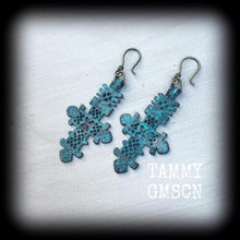 Load image into Gallery viewer, Lovecraft earrings Medieval Cross earrings Patina Inverted Cross Dagon Tunnel earrings Evil eye Esoteric Ocean Gauged earrings Plug earrings
