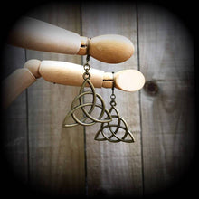 Load image into Gallery viewer, Charmed earrings, Triquetra earrings, Trinity Knot earrings, Celtic earrings, Pagan earrings, Irish earrings, Pierced ears, Stretched ears