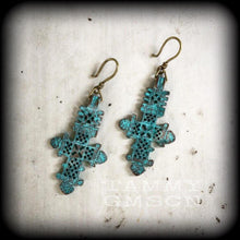 Load image into Gallery viewer, Lovecraft earrings Medieval Cross earrings Patina Inverted Cross Dagon Tunnel earrings Evil eye Esoteric Ocean Gauged earrings Plug earrings