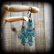 Load image into Gallery viewer, Lovecraft earrings Medieval Cross earrings Patina Inverted Cross Dagon Tunnel earrings Evil eye Esoteric Ocean Gauged earrings Plug earrings