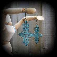 Load image into Gallery viewer, Lovecraft earrings Medieval Cross earrings Patina Inverted Cross Dagon Tunnel earrings Evil eye Esoteric Ocean Gauged earrings Plug earrings