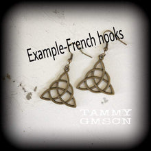 Load image into Gallery viewer, Charmed earrings, Triquetra earrings, Trinity Knot earrings, Celtic earrings, Pagan earrings, Irish earrings, Pierced ears, Stretched ears