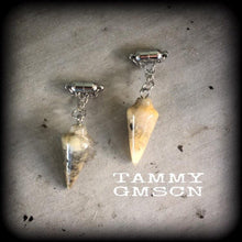 Load image into Gallery viewer, Lace agate earrings 8mm tunnel earrings Gemstone earrings Agate earrings Tunnel dangles Crystal earrings Lace agate jewellry Plug earrings