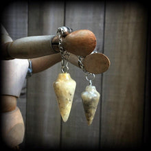 Load image into Gallery viewer, Lace agate earrings 8mm tunnel earrings Gemstone earrings Agate earrings Tunnel dangles Crystal earrings Lace agate jewellry Plug earrings