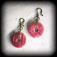 Load image into Gallery viewer, Gemstone Earrings Rhodochrosite Stone Earrings Crystal Pink Boho Tunnel earrings Plug earrings Dangle earrings Gauged earrings Pierced ears
