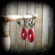 Load image into Gallery viewer, Gemstone Earrings Rhodochrosite Stone Earrings Crystal Pink Boho Tunnel earrings Plug earrings Dangle earrings Gauged earrings Pierced ears