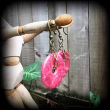 Load image into Gallery viewer, Gemstone Earrings Rhodochrosite Stone Earrings Crystal Pink Boho Tunnel earrings Plug earrings Dangle earrings Gauged earrings Pierced ears
