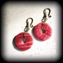 Load image into Gallery viewer, Gemstone Earrings Rhodochrosite Stone Earrings Crystal Pink Boho Tunnel earrings Plug earrings Dangle earrings Gauged earrings Pierced ears