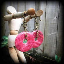 Load image into Gallery viewer, Gemstone Earrings Rhodochrosite Stone Earrings Crystal Pink Boho Tunnel earrings Plug earrings Dangle earrings Gauged earrings Pierced ears