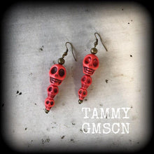 Load image into Gallery viewer, Goddess of Death earrings, Red skull earrings, Goddess earrings, Kali Maa jewelry, Stone earrings, Parvati jewelry, Tunnel earrings, Plugs