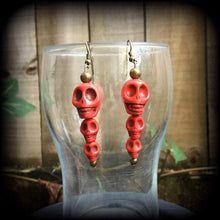 Load image into Gallery viewer, Goddess of Death earrings, Red skull earrings, Goddess earrings, Kali Maa jewelry, Stone earrings, Parvati jewelry, Tunnel earrings, Plugs
