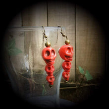 Load image into Gallery viewer, Goddess of Death earrings, Red skull earrings, Goddess earrings, Kali Maa jewelry, Stone earrings, Parvati jewelry, Tunnel earrings, Plugs