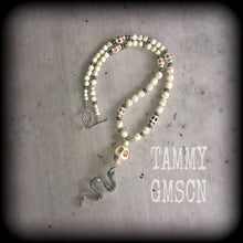 Load image into Gallery viewer, Damballah necklace Snake necklace Snake pendant 'Ascending Snake' Voodoo Loa Goddess White howlite stone skull and antique silver necklace