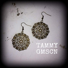 Load image into Gallery viewer, Mandala earrings Geometry earrings Plug earrings Tunnel earrings Sacred geometry Bronze earrings Henna earrings Fractals Pierced ears 12g