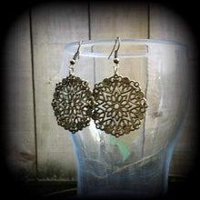 Load image into Gallery viewer, Mandala earrings Geometry earrings Plug earrings Tunnel earrings Sacred geometry Bronze earrings Henna earrings Fractals Pierced ears 12g