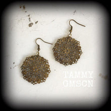 Load image into Gallery viewer, Mandala earrings Geometry earrings Plug earrings Tunnel earrings Sacred geometry Bronze earrings Henna earrings Fractals Pierced ears 12g