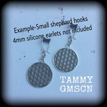 Load image into Gallery viewer, Flower of Life Ear weights Ear hangers Seed of life Tunnel dangles Plug dangles Sacred geometry Gauges 2g 0g Gauged earrings Hanging  gauges