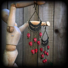 Load image into Gallery viewer, Kali earrings, Red skull earrings, Goddess earrings, Kali Maa jewelry, Hindu jewelry, Tunnel earrings, Plug earrings, Skull jewelry, Gauges