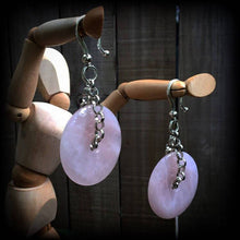 Load image into Gallery viewer, Rose quartz ear weights 2 gauge ear hangers 6mm tunnel dangles 8mm gemstone weights Hanging gauges 4mm plug dangles 10mm gauged earrings