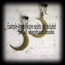 Load image into Gallery viewer, Bronze moon earrings Crescent Moon earrings Goddess earrings Pagan earrings Esoteric earrings Moon jewelry Pierced ears 3mm Tunnel earrings