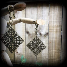 Load image into Gallery viewer, Mandala ear weights 2 gauge ear hangers Henna Sacred Geometry Geometric Gauged earrings Tunnel dangles Plug earrings Hanging gauges 6mm 8mm