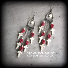 Load image into Gallery viewer, Skull earrings Voodoo ear weights Marie Laveau Los Muertos Loa Santeria Inverted cross Gauged earrings Day of the Dead Tunnel dangles Gauges
