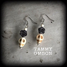 Load image into Gallery viewer, Skull earrings Rose earrings Day of the Dead Halloween Los Muertos Santeria Gauged earrings Rockabilly earrings Dangly earrings Pierced ears