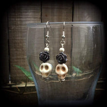 Load image into Gallery viewer, Skull earrings Rose earrings Day of the Dead Halloween Los Muertos Santeria Gauged earrings Rockabilly earrings Dangly earrings Pierced ears