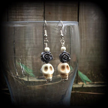 Load image into Gallery viewer, Skull earrings Rose earrings Day of the Dead Halloween Los Muertos Santeria Gauged earrings Rockabilly earrings Dangly earrings Pierced ears