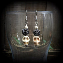 Load image into Gallery viewer, Skull earrings Rose earrings Day of the Dead Halloween Los Muertos Santeria Gauged earrings Rockabilly earrings Dangly earrings Pierced ears