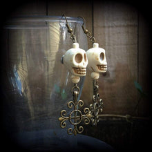 Load image into Gallery viewer, Voodoo earrings Skull Plug earrings Stone Pierced ears Fleur de lis Erzulie Loa Santeria Tunnel earrings Ear hangers French hooks Gauges 0g