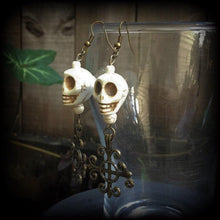 Load image into Gallery viewer, Voodoo earrings Skull Plug earrings Stone Pierced ears Fleur de lis Erzulie Loa Santeria Tunnel earrings Ear hangers French hooks Gauges 0g