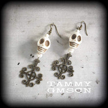 Load image into Gallery viewer, Voodoo earrings Skull Plug earrings Stone Pierced ears Fleur de lis Erzulie Loa Santeria Tunnel earrings Ear hangers French hooks Gauges 0g