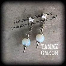 Load image into Gallery viewer, Moonstone earrings Opalite earrings Crystal earrings Tunnel earrings Plug earrings Witchy boho earrings Dangle earring Statement earrings